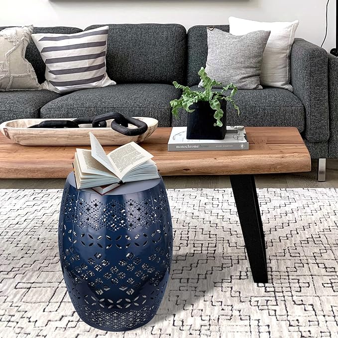 Vipush Outdoor Side Tables,Patio End Table Anti-Rust Metal Round Drum Garden Stool Plant Stand Indoor Iron Accent Table for Patio Deck Porch Living Room,Navy Blue