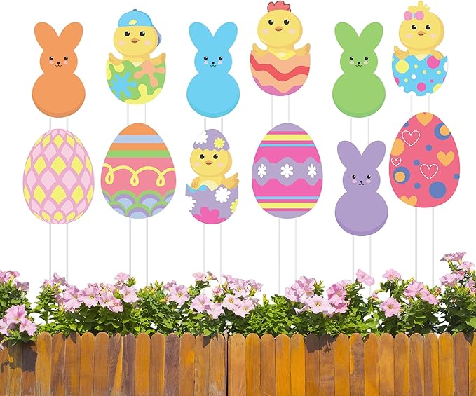 Iceyyyy 12 Pcs Easter Egg Planter Stakes-11 Inch Bunny Egg Chick Planter Stakes-Easter Yard Stakes Garden Signs for Home Plant Pot Party Supplies Outdoor Lawn Decor