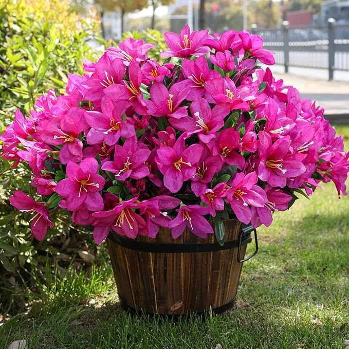 INSPRING Artificial Fake Flowers for Outdoors Spring Outside Decoration, 3 Bundles Silk Azalea Faux Plants UV Resistant Realistic Outdoor Flowers for Planter Porch Patio Garden Walkways Home, Fuchsia