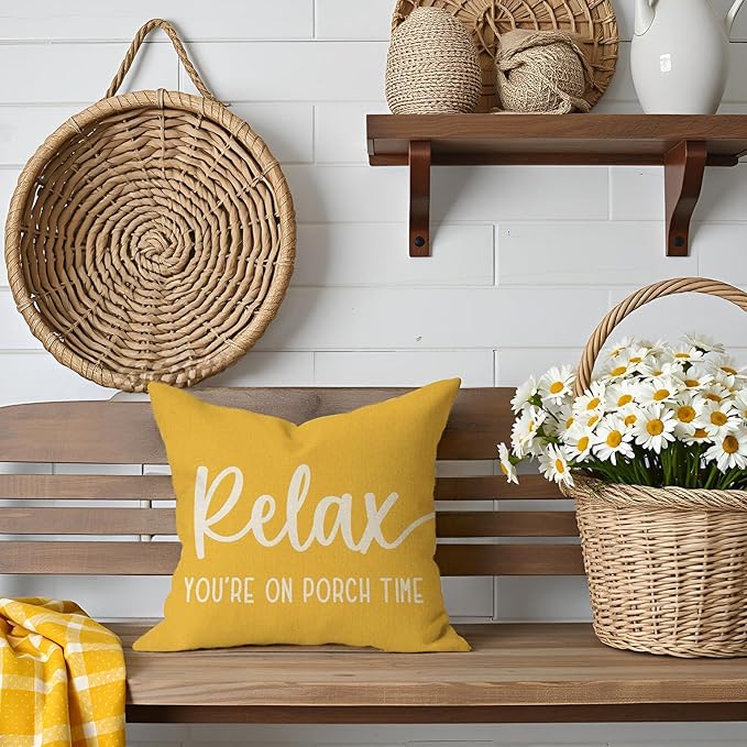 PANDICORN Farmhouse Throw Pillow Covers 18x18 Inch Relax Porch Time Yellow Outdoor Spring Summer Decorations Decorative Cushion Case for Front Porch Patio Couch Sofa Decor