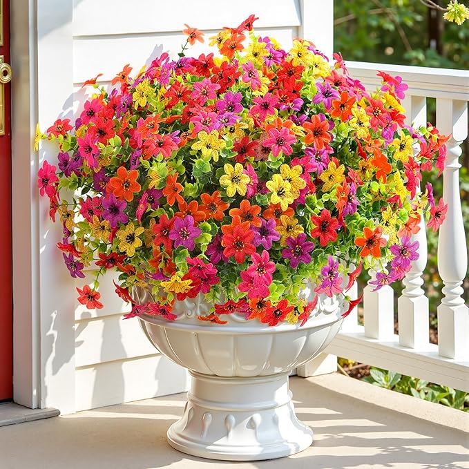 SHareconn 24 Bundles Artificial Flowers for Outdoors Spring Decoration, Fake Silk Realistic Faux Plants UV Resistant for Outside Planter Porch Patio Summer Indoor Decor, RedRosePurpleYellowOrange