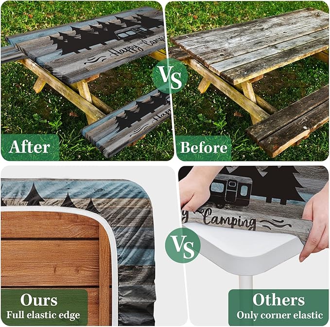 Picnic Table Cover with Bench Covers Elastic Edges, Blue Camper Fitted Table Cover, Outdoor Patio Camping Essentials 72 Inch 3PCS, Waterproof Camping Fitted Tablecloth with Drawstring Bag