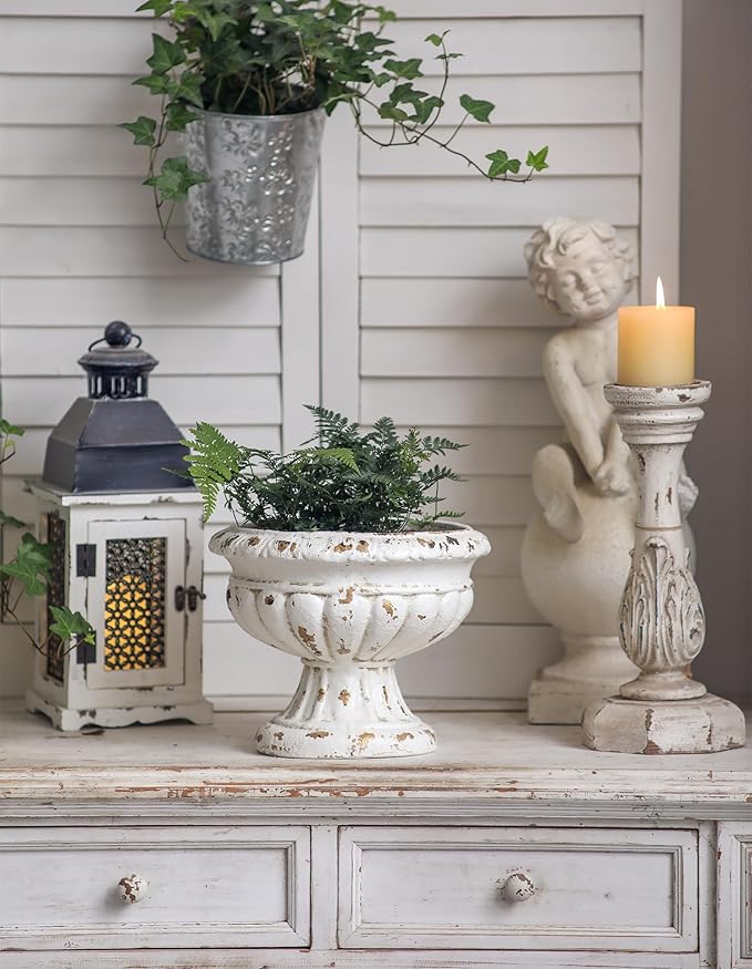 SOFE Vintage Large Pedestal Vase, 11 Inches Tall Front Porch Garden Planters, Resin Compote Vase, Distressed White Flower Pot, French Country Home Decor