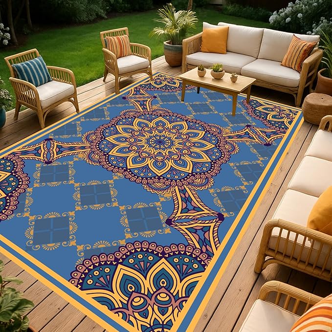 WILDROOTS 5x8 Feet Thangka Pattern Plastic Outdoor Rug, Stain Resistant Waterproof Reversible Outdoor Patio Rug, Fade Resistant Camping Rug