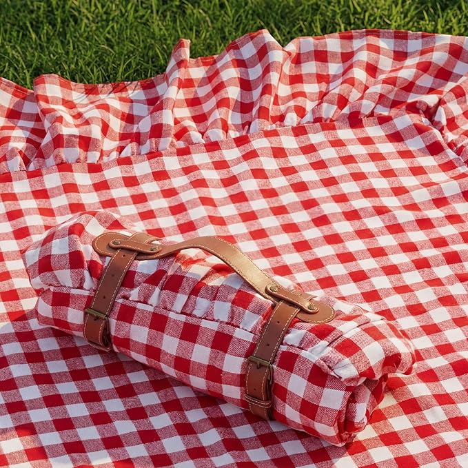 2-in-1 Extra Large Waterproof Picnic Blanket, 71x90in Dual Layers Portable Red Gingham Ruffled Mat Giant Beach Towel Yoga Leather Accessories Outdoor Camping Hiking Music Festival Pad