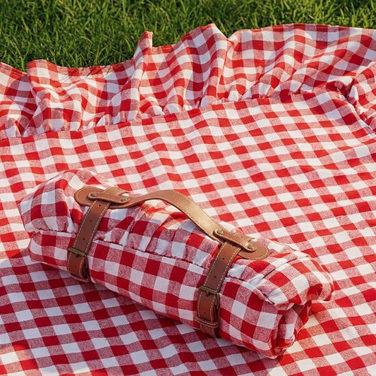 2-in-1 Extra Large Waterproof Picnic Blanket, 71x90in Dual Layers Portable Red Gingham Ruffled Mat Giant Beach Towel Yoga Leather Accessories Outdoor Camping Hiking Music Festival Pad
