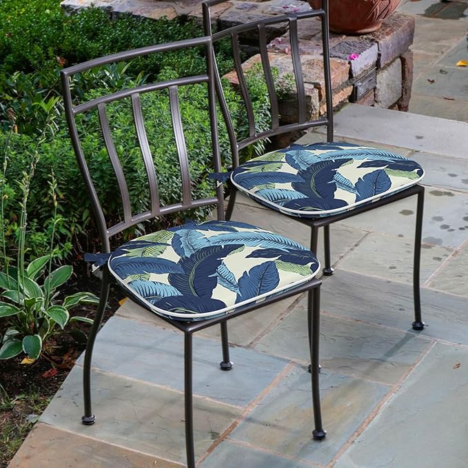 Outdoor Chair Cushions 16"x17" Set of 4, Water Resistant Patio Chair Pads with Ties, Seat Cushions for Home Garden Furniture Decoration, Swaying Palms Blue