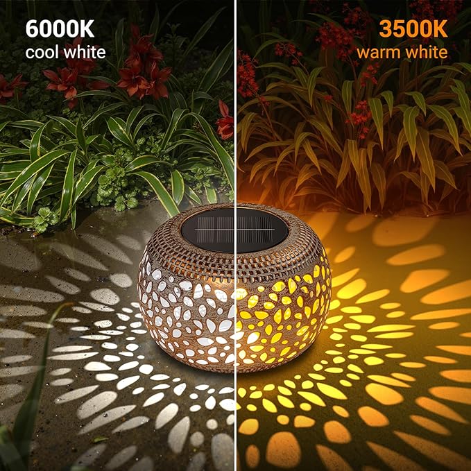 Solar Table Lanterns Outdoor Waterproof: 2 Pack LED Lamps for Patio - White Hollow-Out Metal Retro Solar Light Decor Gift for Women Mom Mothers Day Yard Garden Balcony Indoor Desk Tabletop Decorations