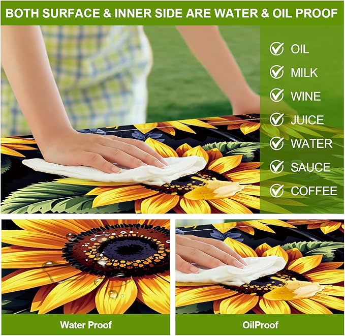 Sunflower Field Picnic Table Cover with Bench Covers Set of 3 - Bright Yellow Sunflowers Full Print, Elastic Fitted Tablecloth for 6 Ft Tables, Washable Polyester Cover for Garden, Indoor & Outdoor