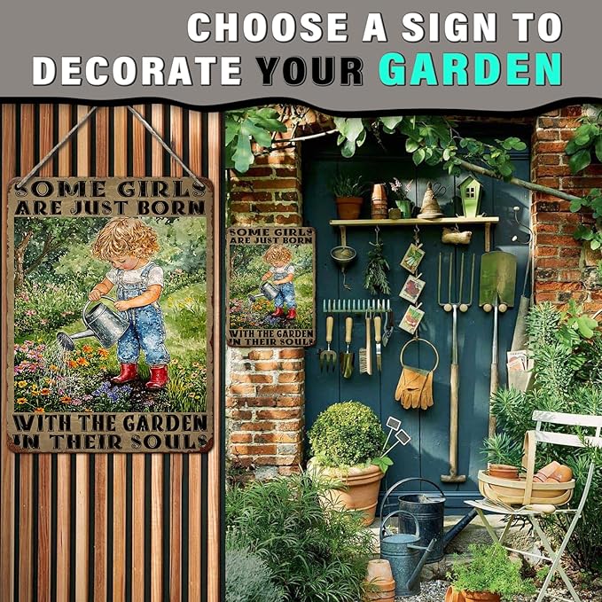 PEACHGARDEN Garden Vintage Tin Sign Little Girl Gardening Some Girls are Just Born with The Garden in Their SoulsMetal Tin Sign Retro Plaque Kitchen Poster Man cave 12x16inch