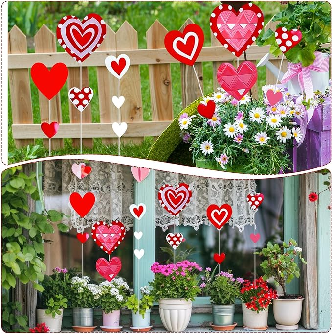 Amyhill 13 Pcs 21.5 Inch Valentine's Day Heart Shape Planter Stakes, Garden Stakes Decor with 8 Pcs Rods, Red Pink White Heart Signs for Patio, Lawn, Yard, Planter Pots, Pathway, Wedding Decor