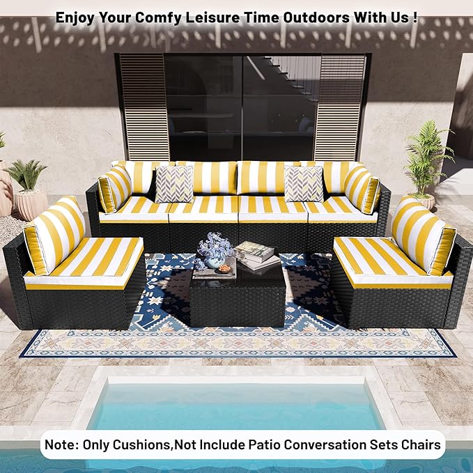 14 Piece Outdoor Sectional Cushions, Water-Resistant Outdoor Sofa Cushions Replacement, 4" High Density Foam Patio Furniture Cushions Fits 6-seat Rattan Conversation Set (Yellow White)