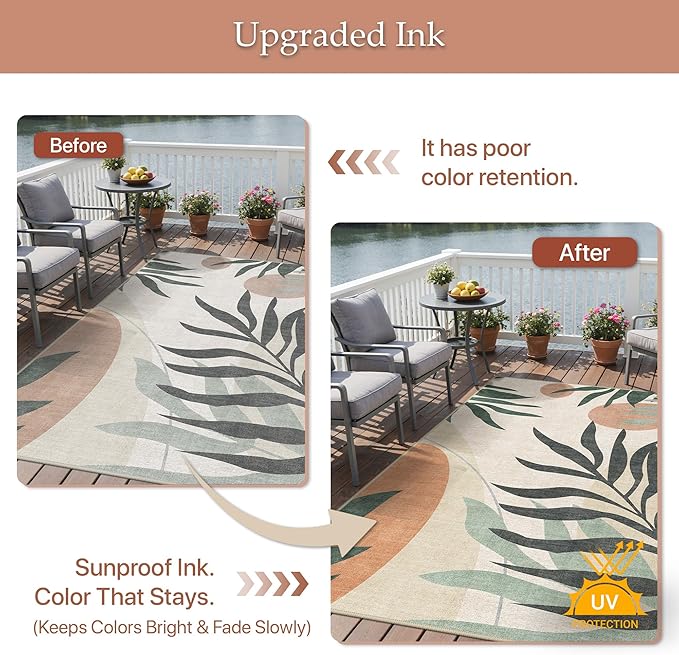 GENIMO Outdoor & Indoor Area Rug 4'x6', Waterproof, Non-Shedding, Easy Cleaning, Leaf Mat for Patio, Living Room, Balcony, Dining Room, RV, Deck, Bedroom, Camping, Outside Carpet, Beige Grey