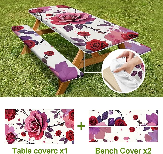 Romantic Roses Picnic Table Cover with Bench Covers Set of 3 - Red Roses and Floral Background, Elastic Fitted Tablecloth for 6 Ft Tables, Washable Polyester Cover for Patio, Indoor & Outdoor