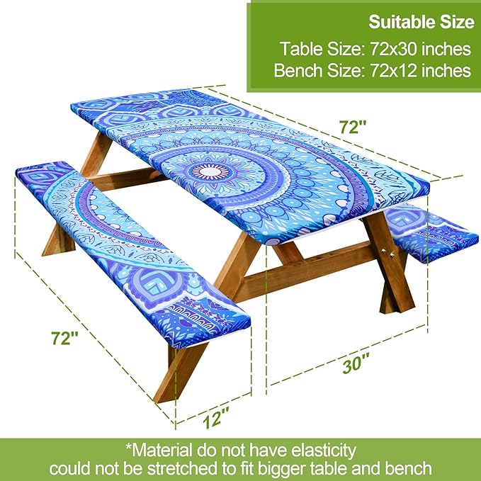 Picnic Table Cover with Bench Covers 6FT 3 Pcs Waterproof Windproof Aesthetic Camping Tablecloth with Drawstring Bag, Fitted for 6 Foot Rectangle Tables and Seats, 72 inch, Light Blue Purple