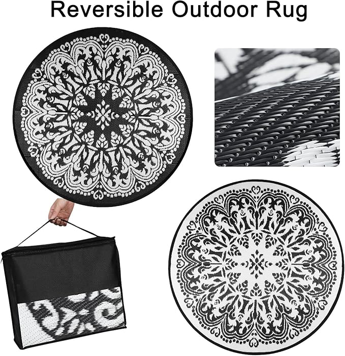 Homcomoda Round Outdoor Patio Rug 8Ft Waterproof Indoor Outdoor Area Rug Black Clearance Reversible Straw Rug for Porch Garden Deck Backyard Balcony
