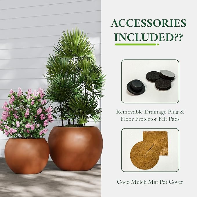 DTY Mount Sherman 12.6" D x 10'' H (Pot Opening 8.5") Fiberstone Round Planter with Drainage Hole, Smooth Finishes, Weather Resistant for Indoor and Outdoor, 2 Extra Coco Mats - Terracotta, Small