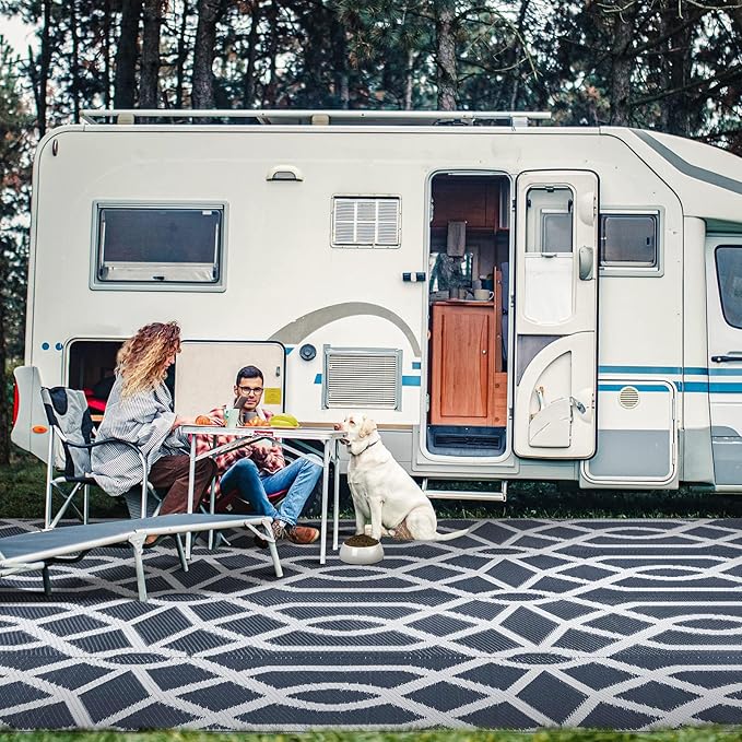 wikiwiki 9x12ft Outdoor Rug, Reversible Plastic Patio Rug Waterproof, Indoor Outdoor Carpet Clearance, Large Area Carpet for Patio Deck Balcony Pool RV Camping Beach Picnic, Grey