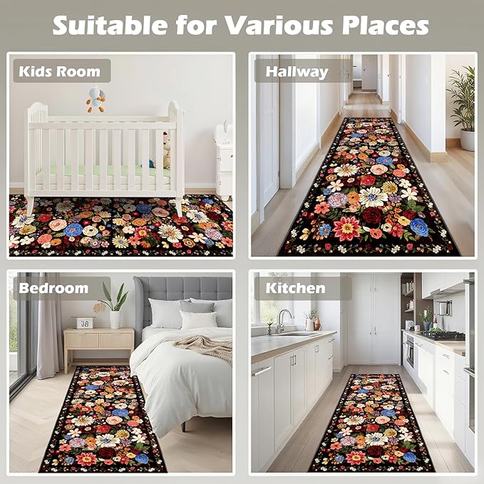 Black Rug for Hallways Kitchen Rug 2x8, Non Slip Washable Rugs with Rubber Backing Soft Floral Carpet Runner for Hallways, Kitchen, Laundry, Bedroom, Bathroom (2 x 8, Black Garden)