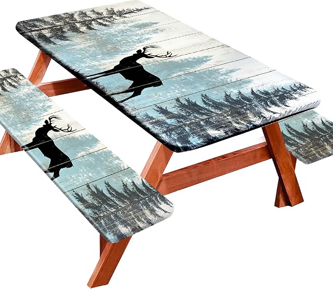 Picnic Table Cover with Bench Covers 72IN 6FT, Camping Essentials Tablecloth Waterproof Oilproof with elastic Edge for Indoor Outdoor Patio (Forest Deer)