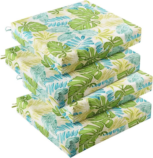 downluxe Outdoor Chair Cushions Set of 4 for Patio Furniture, Water-Resistant Square Patio Chair Cushions with Ties, High Density Foam Outdoor Seat Cushion, 18.5" X 16" X 3", Tropical Green Leaves