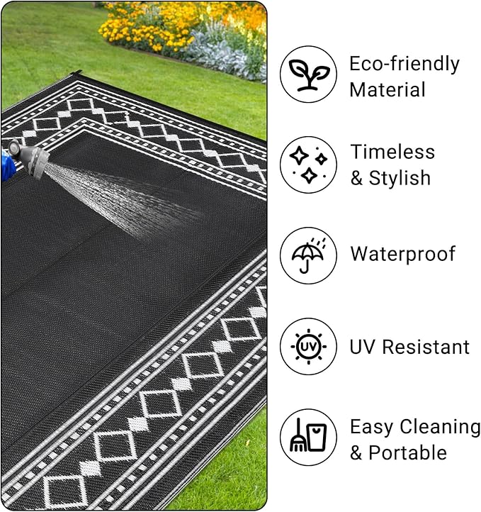 Garvee Outdoor Rug 8 x 10 Patio Waterproof, Foldable Reversible Plastic Straw Area Rugs Mat for Camper Decor, Outside Carpet for Rv, Deck, Porch, Picnic, Beach, Balcony (Black/White)