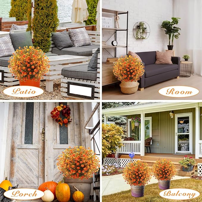 Yunlly 2 Pcs Outdoor Artificial Topiary Ball Trees 22" with Colorful Flowers, Boxwood Fake Bushes Shrubs with Spike, UV Resistant Evergreen Plants for Front Porch Garden Decor (Fall Orangegreen)