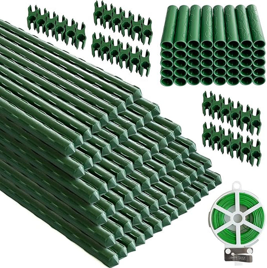 70 Pack Garden Stakes Set, 16 Inch Plant Stakes Support with 40 Connectors 30 Rotatable Clips 164ft Twist Tie for Growing Climbing Plants Vegetables