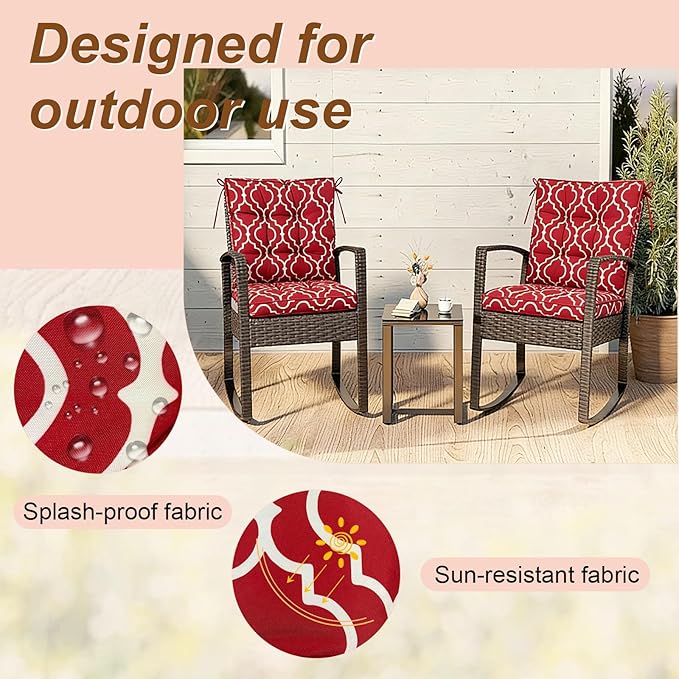 2 Piece Outdoor Patio Chair Cushions, Fade Resistant Outdoor Cushions for Patio Furniture, 6 inch Thickened Rocking Chair Cushions Set (Red Geometric Patterns, 24x24x6 inch - 2 Pieces)