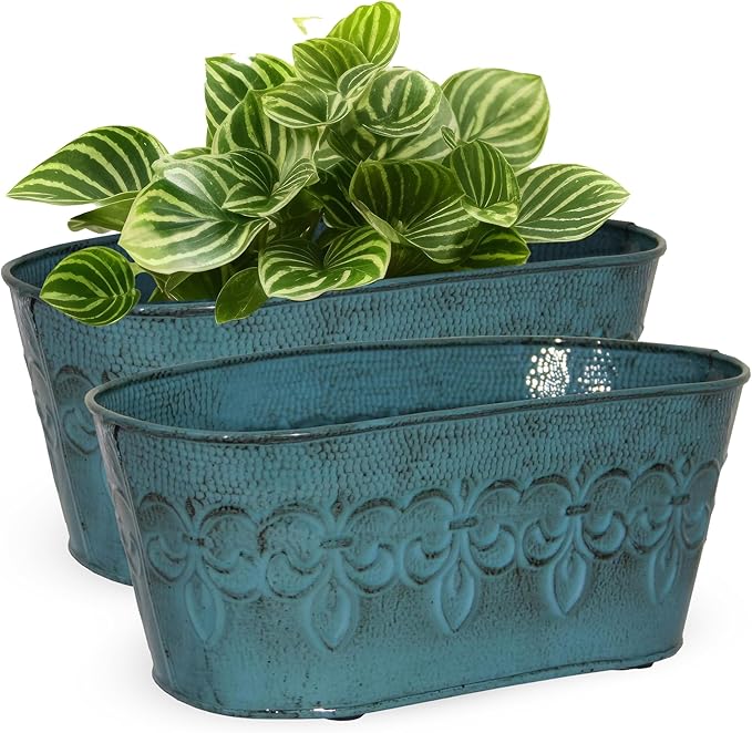 Headwind Ironlite Fleur De Lis Collection – 10" Surf Blue Oval Decorative Planter with Drain Plug – Lightweight Metal Garden Pots for Indoor & Outdoor Planters Use by Robert Allen