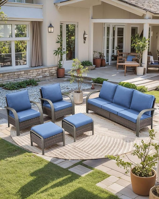 HUMMUH Outdoor Patio Conversation Furniture Sets-Deep Seating Wicker Patio Chairs with Patio Sofa Set Outdoor Patio Furniture for Deck Porch Garden Poolside Backyard-Brown/Blue