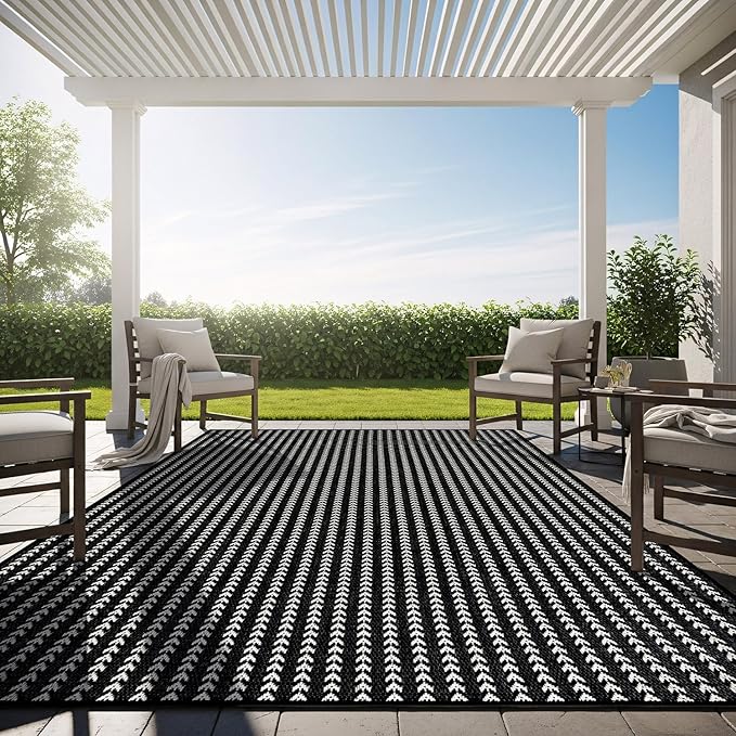 Washable Outdoor Rug 6x9 Modern Area Rugs Outdoor Carpets Striped Pattern Non Shedding Waterproof Easy Clean Patio Deck Porch Living Room Bedroom Garden RV (6 X 9 Black)