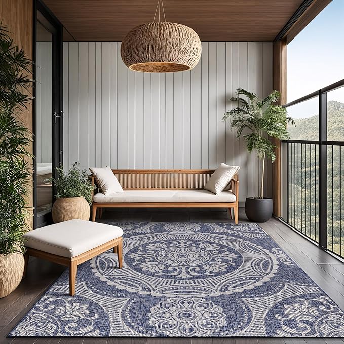 Medallion Outdoor Rug 8x10 Washable Outside Carpet for Indoor Patio Porch Waterproof Easy Cleaning Non Shedding Area Rugs Blue 8 x 10