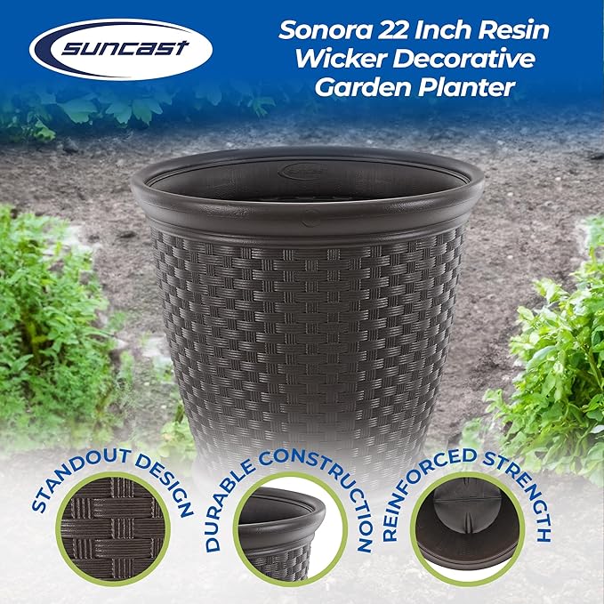 Suncast 2 Pack Sonora 22 Inch Plastic Wicker Indoor or Outdoor Decorative Garden Flower Planter for Entryways, Porch, and Backyard Patios, Dark Brown
