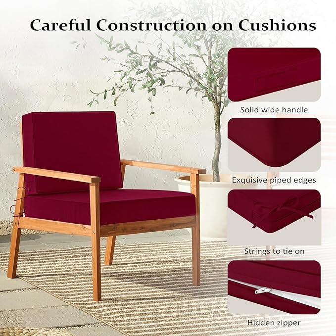 Cozyide 24x24 Outdoor Cushions for Patio Furniture, Waterproof Outdoor Chair Cushions with Non-Slip Ties and Handle, Washable Deep Seat Cushions for Outdoor Furniture with Removable Cover, Burgundy