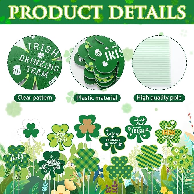 12 Pcs St. Patrick's Day Yard Stakes Green Shamrock Yard Signs St. Patrick's Outdoor Decoration for Irish Festive Outdoor Planter Front Door Lawn Patio Garden