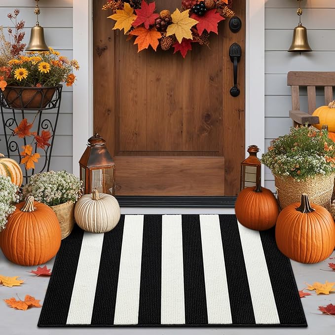 Timo Black and White Outdoor Rug,24"x36" Front Porch Rug Absorbent Rubber Backed Non Slip Striped Rug Machine Washable Indoor/Outdoor Area Rug Front Door Floor Mat for Farmhouse/Living Room/Entryway