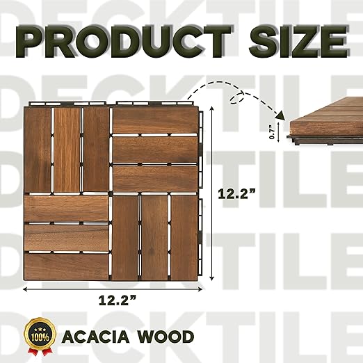 Acacia Wood Flooring Interlocking Deck Tiles for Patio Decor 27 Pcs 12 Slats VR Dark Yellow - Waterproof Indoor & Outdoor Decor - Balcony Garden Decking Tile (12.2 * 12.2 * 0.7 inches)