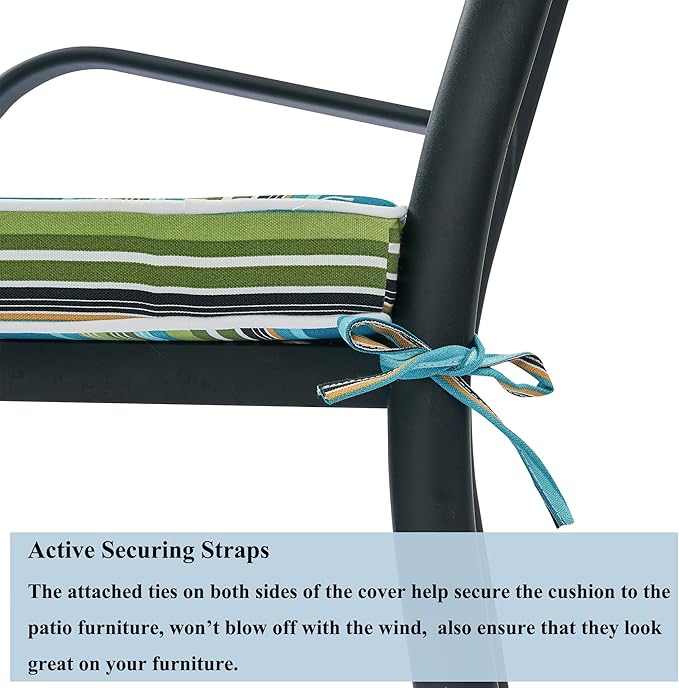 FUNHOME Indoor/Outdoor Chair Cushions Set of 2, 18 x 18 x 2.5 Inch Square Corner Outdoor Cushions for Patio Furniture,2 Packs Patio Chair Cushions with Ties-Green Stripe