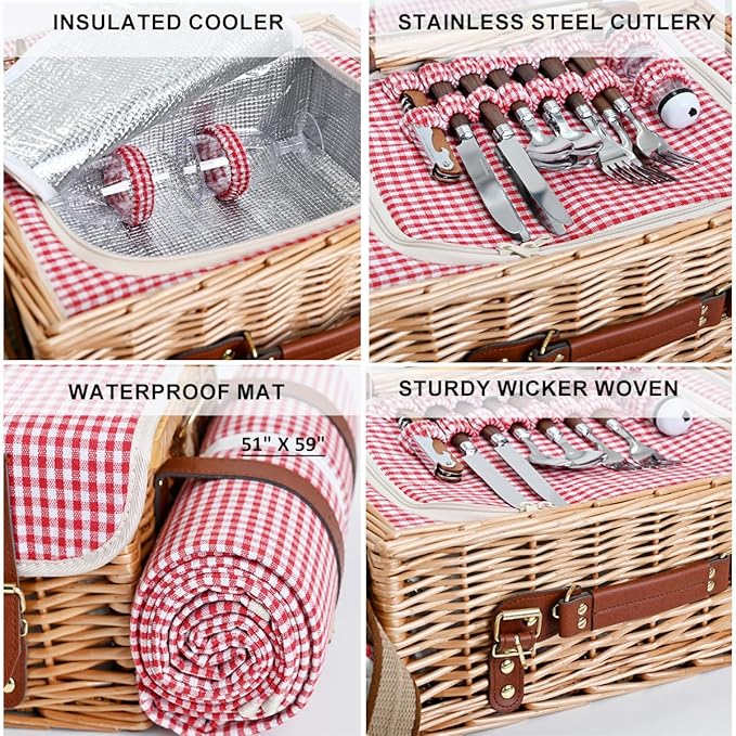 Multifunctional Wicker Picnic Basket Set for 2 with Blanket and Picnic Table, Insulated Picnic Set with Full Tablewares for Camping Outdoor Couples, Gingham