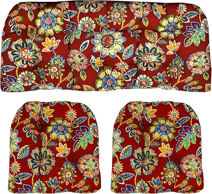 RSH DECOR: 3-Piece Wicker Tufted Cushion Set | for Large Wicker Sets | Outdoor Loveseat & U-Shaped Seat Cushions | Water & Fade-Resistant Spun Fabric | Daelyn Cherry