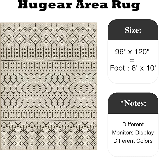 HUGEAR 8x10 Outdoor Rug Black/Beige Linen-Look Fabric Boho Area Rug High Traffic Stain Resistant Easy Clean Durable Rugs for Indoor/Outdoor Patio Deck Balcony Porch Garden Courtyard