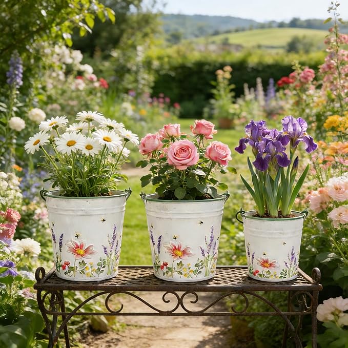 3-Piece Floral Metal Planter Bucket Set - Rustic Lavender Decorative Flower Pots for Succulents, Herbs & Indoor/Outdoor Garden, Flower Arranging, Wedding Party Home Decor Accents