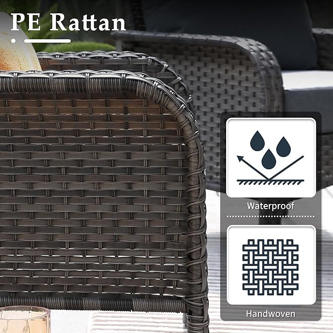6-Piece Wicker Patio Furniture Set, All-Weather Rattan Conversation Bistro Loveseat Chair and Table Set for Backyard, Balcony and Deck with Soft Cushions and Metal Table(Black)