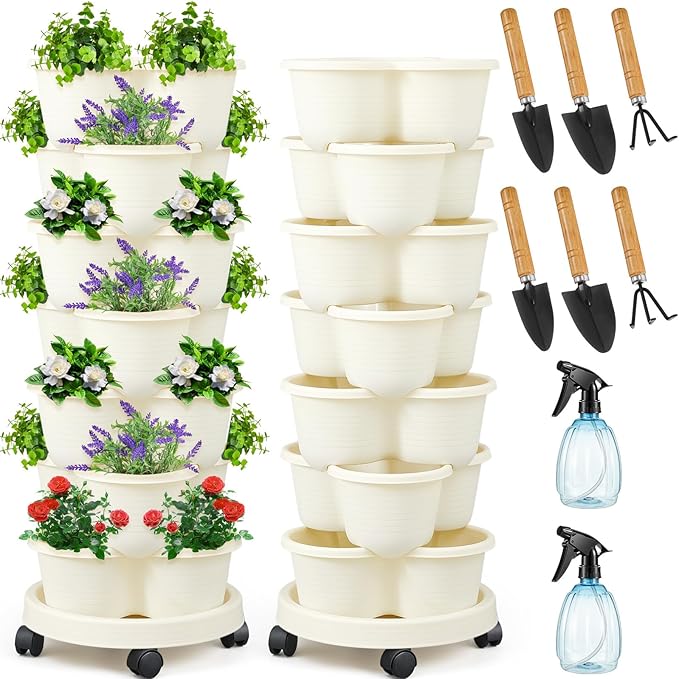 Umigy 2 Set of 7 Tier Stackable Vertical Planters with Removable Wheels and Tools Tower Planters Strawberry Herb Flower Vegetable Pots Indoor Outdoor Gardening Pots(Ivory)