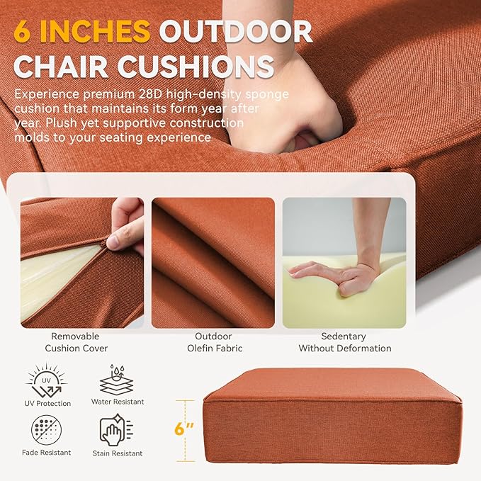 Outdoor Cushion Set for Furniture Patio Furniture, UV Resistant, Water Resistant - 6 Inch Thick Foam Garden Cushions– 22x24 Inch Patio Seat Covers for Chair/Sofa/Couch | Orange | 6-Pack |