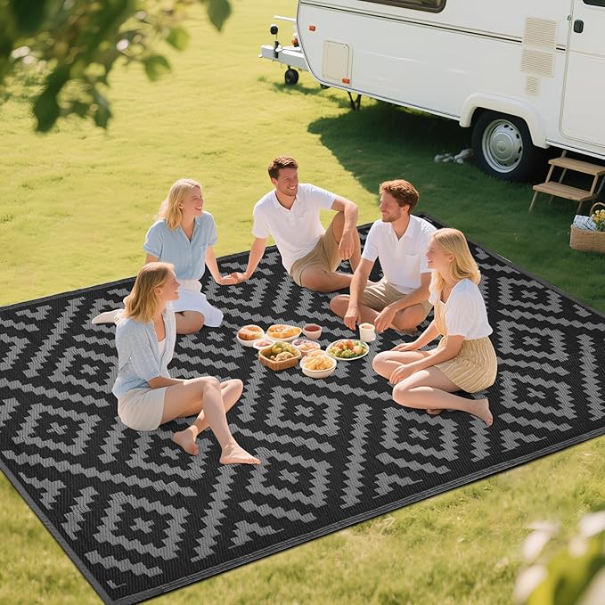 RURALITY Outdoor Rugs 5x8 Feet for Patios Clearance,Plastic Straw Waterproof Mats for Backyard,Porch,Deck,Balcony,Black&Deep Grey