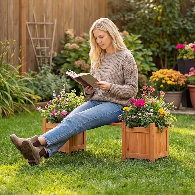Giantex 4-in-1 Outdoor Bench with 4 Planter Boxes, Wood with Teak Oil Finish, Garden Bench Seat with Raised Garden Beds for Porch Balcony Lawn Yard, DIY Assembly, 42"x11"x11.5"