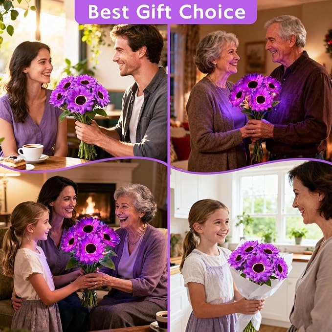 Solar Sunflower Lights Outdoor Garden Decor, 4 Pack Solar Purple Flowers Lights with 24 Sunflowers, Waterproof Fall Decor Stake Decorative Light Auto ON/Off for Garden Yard Patio, Gift for Women