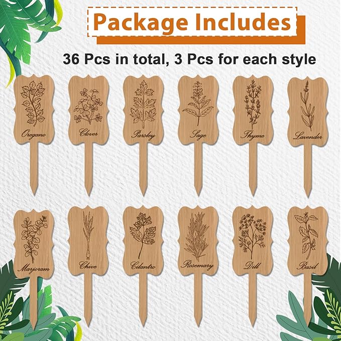 36Pcs Wooden Plant Markers Garden Labels Stakes Plant Herb Tags Sign Nursery Plant Tags with Printed Herb Name Gardener Gifts for Indoor Outdoor Garden Supplies Potted Herb Flower 12 Styles